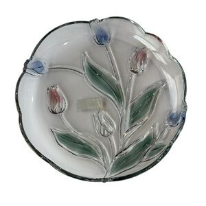 Vintage Mikasa Glass Tivoli Tulip Serving Platter Blue and Pink Floral Design